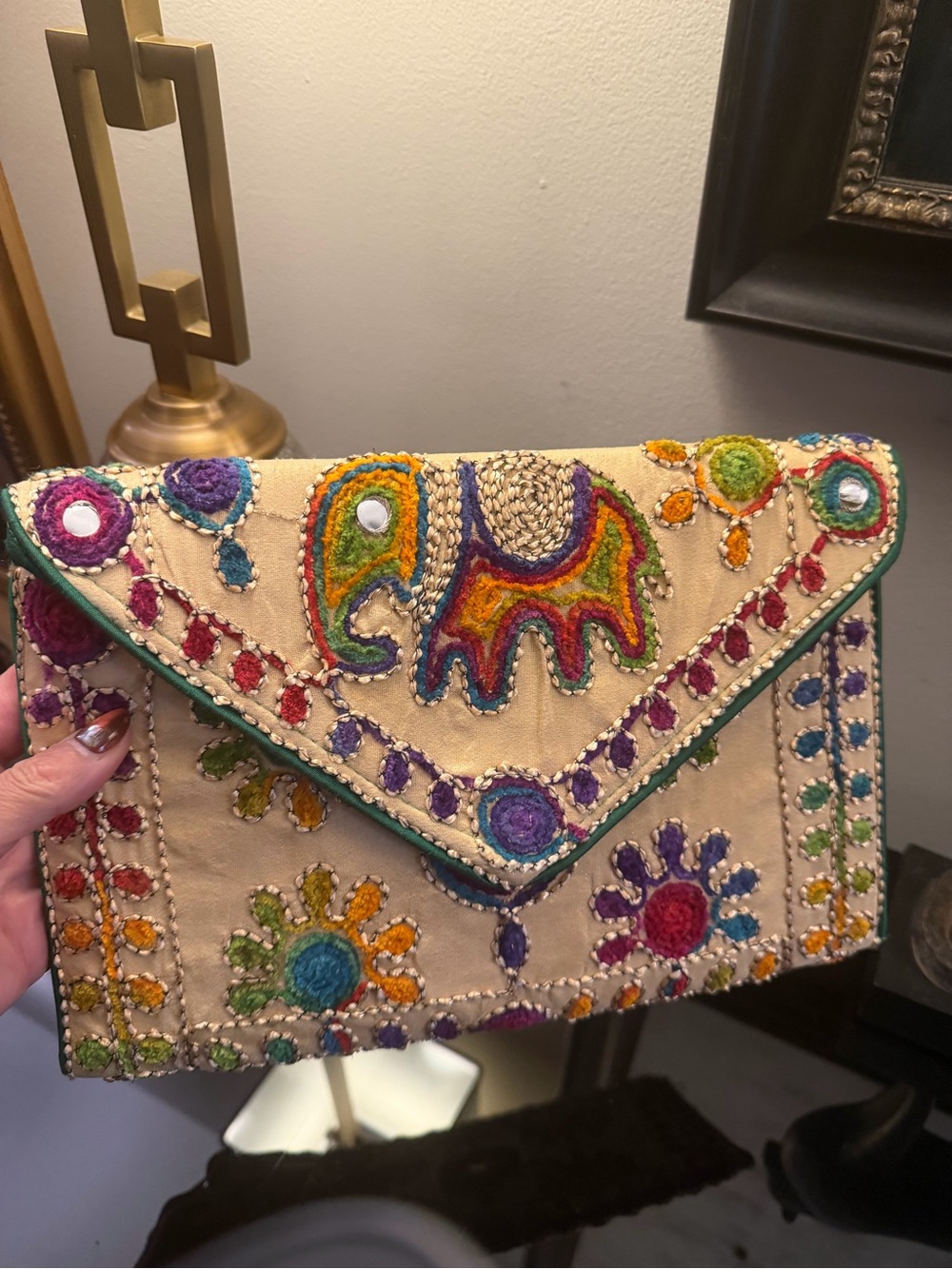 Hand-Embroidered Beige Envelope Clutch with Colorful Accents